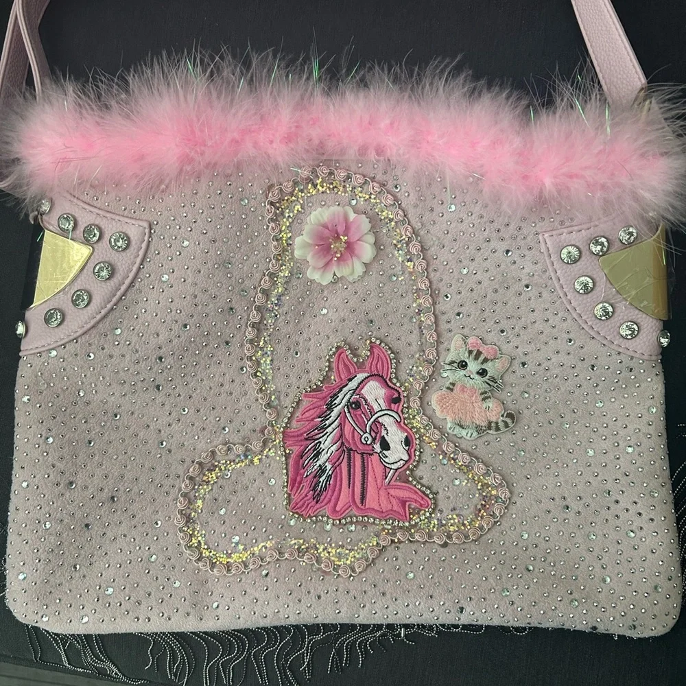Horse & Kitten Handmade Pink Tote Bag w Rhinestones & Boa  = New